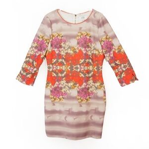 Badgley Mischka Pink Red Floral Pattern Long Sleeve Midi Dress